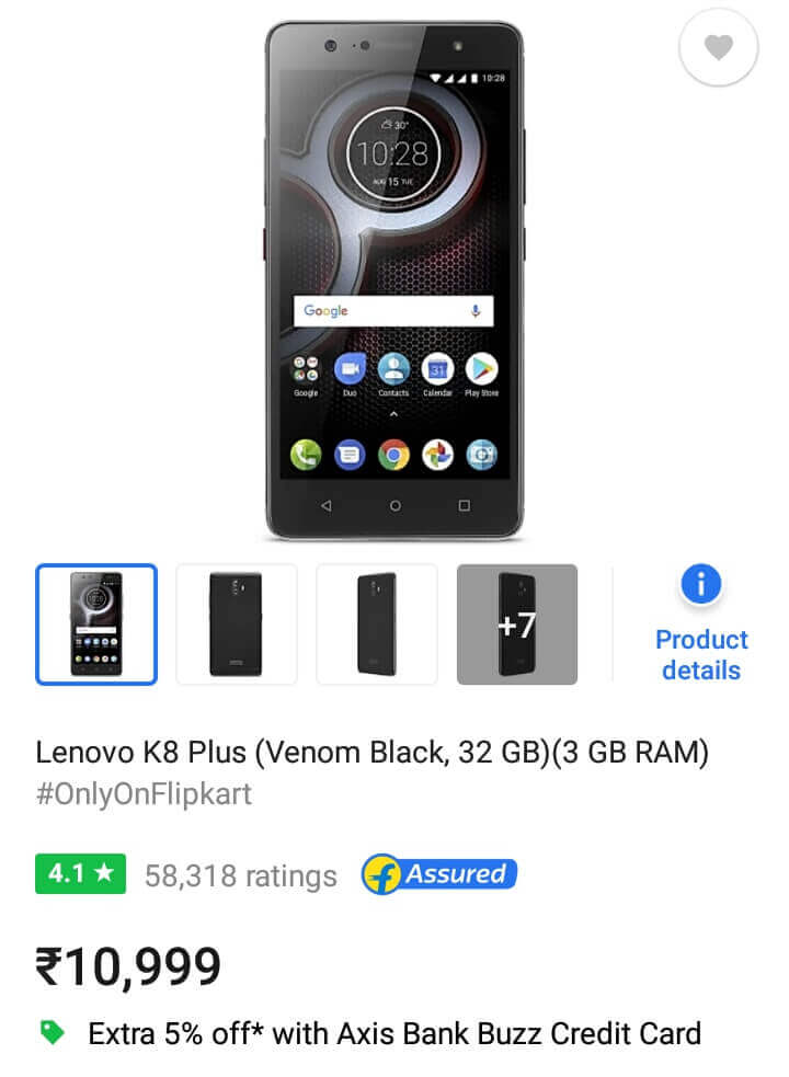 Lenovo K8 Plus Black, Lenovo K8 Plus Flipkart, Lenovo K8 Plus Black on sale